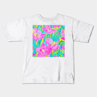 Preppy pink, turquoise and yellow large scale orchids Kids T-Shirt